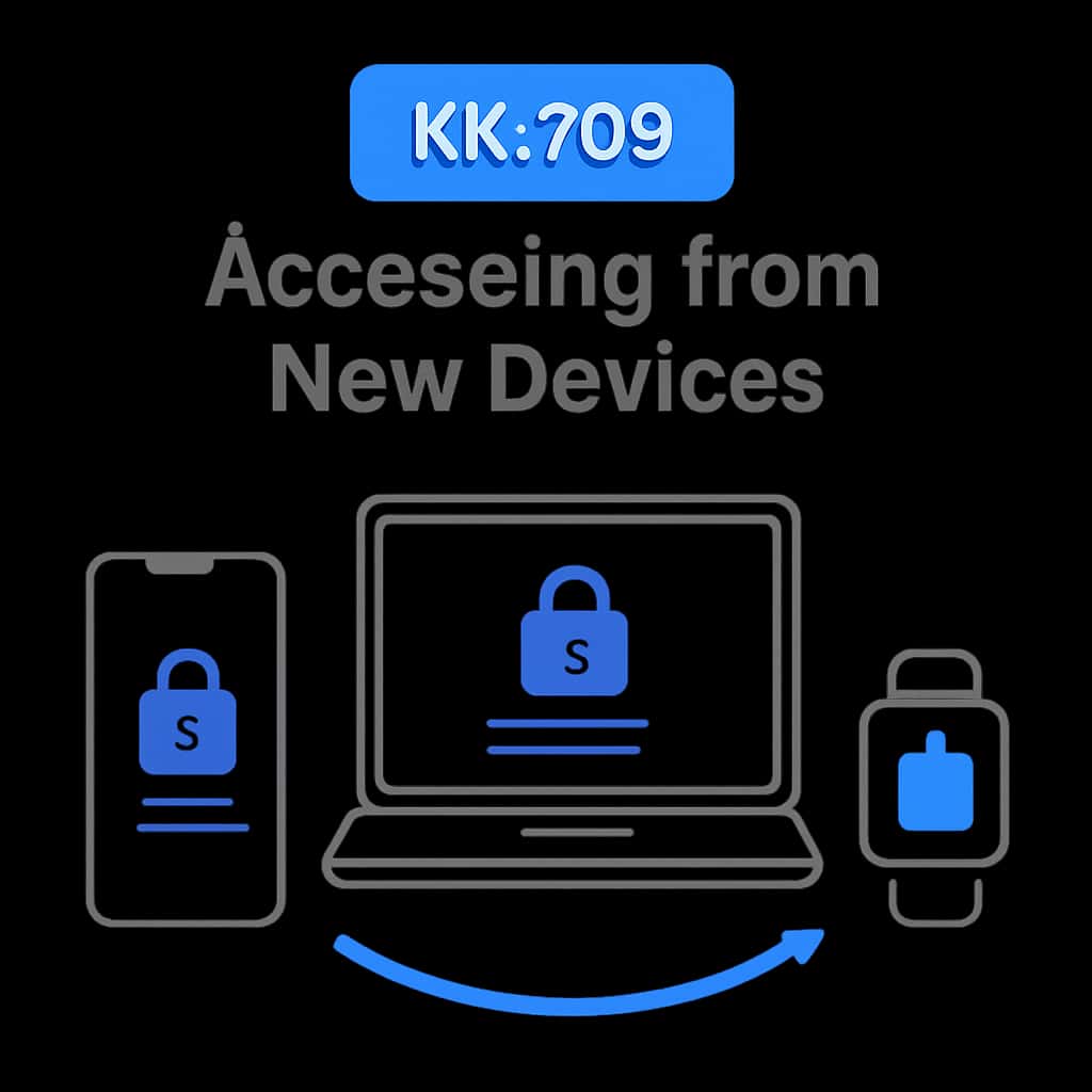 Educational diagram illustrating the steps to access KK 789 from new devices.
