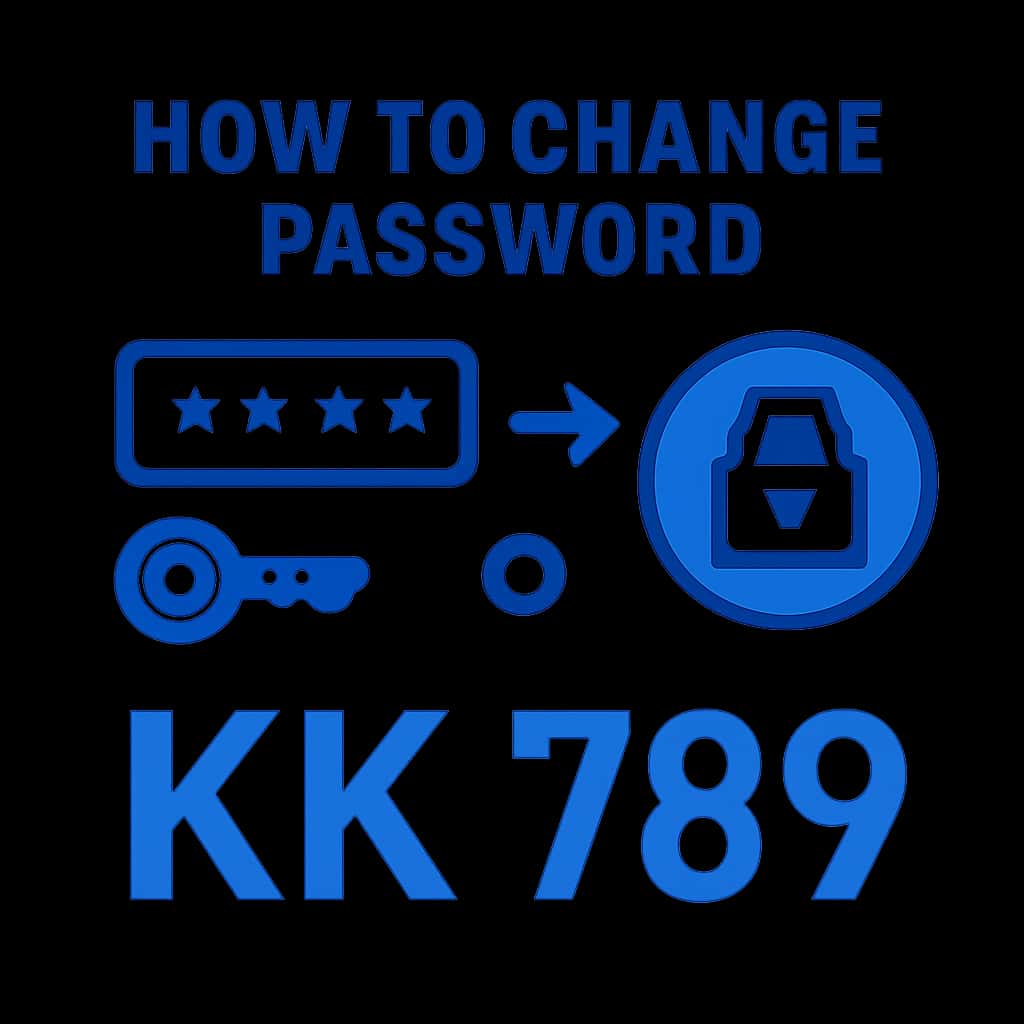An educational illustration demonstrating steps to change the KK 789 password.